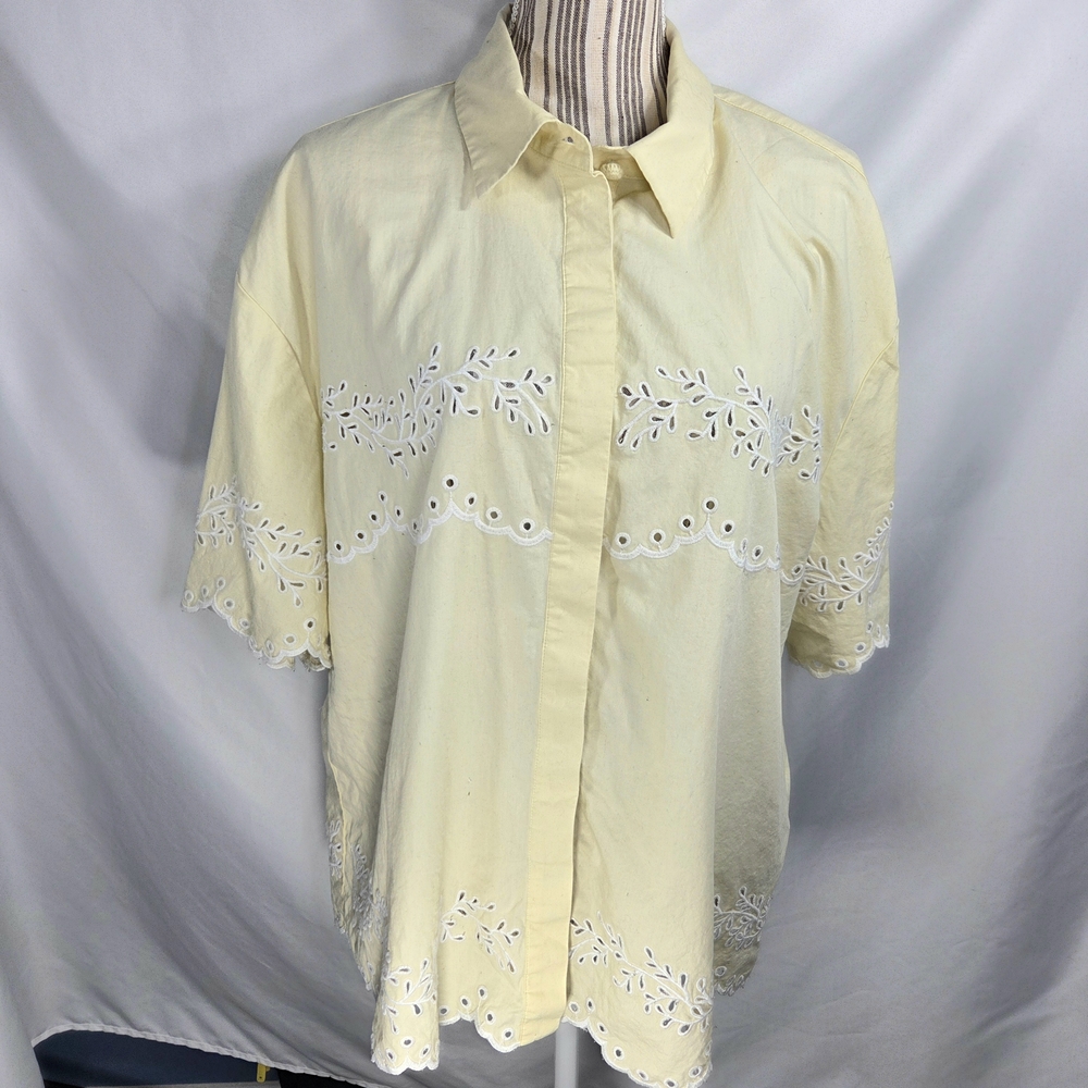 H&M Yellow Open Embroidered Accents Short Sleeve Hidden Button Down Top Large